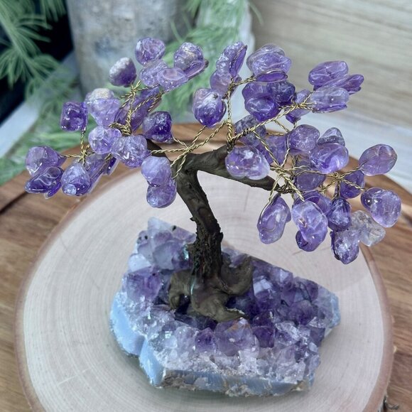 Amethyst Bonsai Crystal Tree Of Life Geode Base Gemstone Chakra Tree 7" Tall (E) - Picture 16 of 16